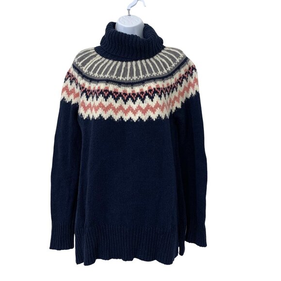 Loft Fair Isle Knit Turtleneck Sweater Navy White Pink Pattern Womens Size M - Picture 2 of 5